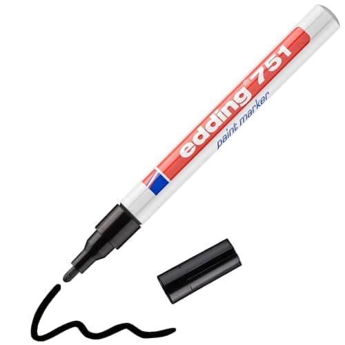 Image of edding 751 paint marker - black - 1 pen - round nib 1-2 mm - paint marker for marking and labelling metal, glass, rocks or plastic - heat-resistant, permanent, smudge-proof and waterproof