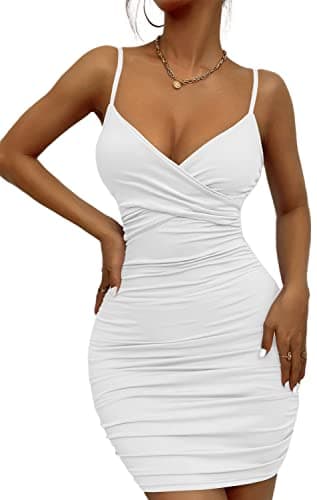 Image of Zesoyne Womens Sexy Mini Bodycon Ruched Tank Dress Spaghetti Strap Vneck Party Short Wrap Cami Clubwear Outfit XS White