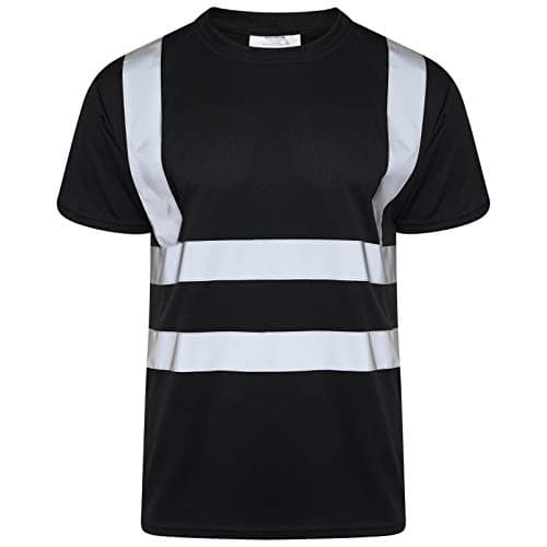 Image of Hi Viz Vis Round Crew Neck T-Shirts High Visibility Reflective Tape Safety Security Work Bird Eye Short Sleeve T Shirt Breathable Lightweight Double Tape Workwear Top (Crew Neck Black, L)