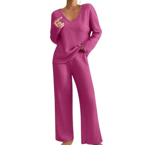 Image of Womens Pyjamas Set Nightwear, Ladies Ribbed 2 Piece Outfits Loungewear Sets Leisure Suits Homewear V Neck Long Sleeve Jumpers and Wide Leg Trousers with Pockets Hot Pink