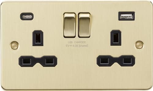 Image of 13A 2G SP Switched Socket with Dual USB A+C (5V DC 4.0A shared) - Brushed Brass with black Insert