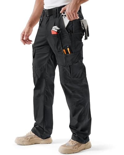 Image of IGOLUMON Work Trousers Men Cargo Trousers Stretch Fit Tactical Work Pants with Multi-Pockets Semi Elasticated Waist for Hiking Climbing Walking Fishing Casual Black