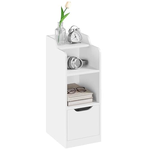 Image of Yaheetech Slim Bedside Table, Narrow Side Table with Drawer & Open Shelf, Bedside Cabinet with Compartment for Bedroom/Living Room Compact Nooks, White