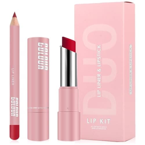 Image of 2-in-1 Red Lip Liner & Lipstick Set - Matte Lip Kit with Waterproof, Smudge-Proof Formula, Red Lipstick Long Lasting, Gifts for Women, teenage girls