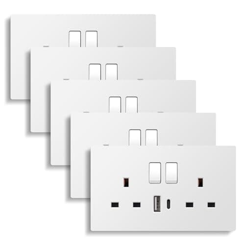Image of CNBINGO Double Switched Socket with 20W PD USB C and A Fast Charging Ports, Electric Power Sockets 2 Gang 13 Amp, Wall Outlet White PC Panel, 5 Pack