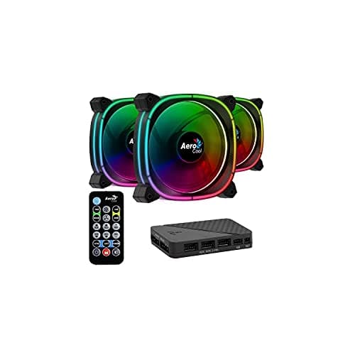 Image of Aerocool Astro 12 Pro Bundle – 3x ARGB Fans 120mm, 1x H66F RGB Hub, Omni ARGB Lighting and 18 LEDs, Includes 6-Pin Connector, Remote control, Curved Blades and Anti-Vibration Pads, Carbon Fibre, Black