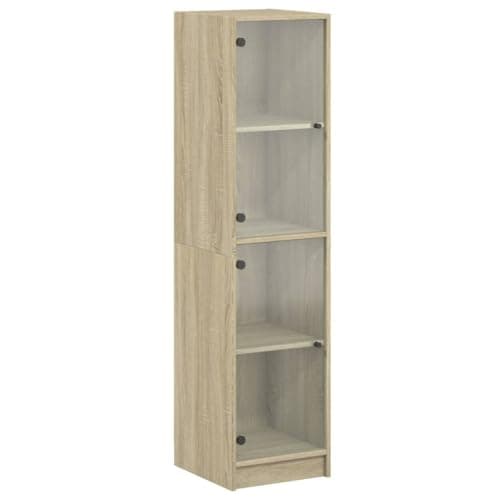 Image of Tall Narrow Storage Cabinet with Glass Doors, Freestanding Vertical Display Cabinet with 4-Tier Shelf, Modern Narrow Bookcase for Living Room, Bedroom & Home Office (Sonoma oak)