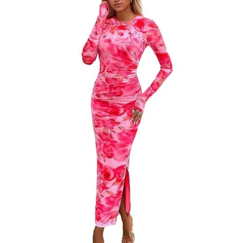Image of EMOTTOS Women Floral Print Maxi Dress, Boho Split Bottom Long Dress, Ladies Slim Fit Ruched Waist Dress, Wrap Long Dresses for Ladies Party Beach, Pink, L