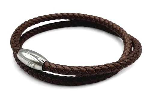 Image of KAROO EARTH JEWELLERY Mens Leather Wrap Bracelet With Strong Stainless Steel Magnetic Clasp - Genuine Leather | 5mm Braided Double Wrap Men's Premium Bracelet (Dark Brown Leather, 19cm (Small Wrist))