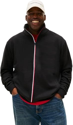 Image of Tommy Hilfiger Men’s Global Stripe Zip Through Sweatshirt with Stand Collar, Black (Black), 2XL
