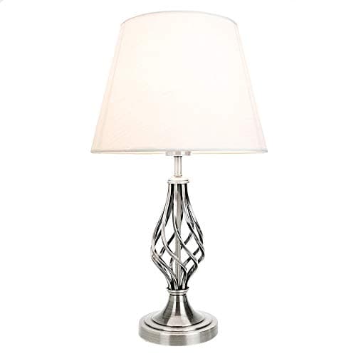 Image of Happy Homewares Traditional Satin Nickel Table Lamp with Barley Twist Metal Base and Ivory White Linen Shade | 60w Maximum | Ideal for Bedside Lamps