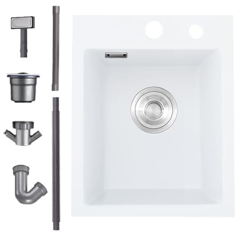 Image of Bokaiya White Small Kitchen Sink, 40x45cm, Drop in Topmount Quartz Composite Kitchen Waste Kit, Deep Single Bowl Campervan Sink, with 2 Tap Holes and Siphon, Overfolw, Suitable for Workstation