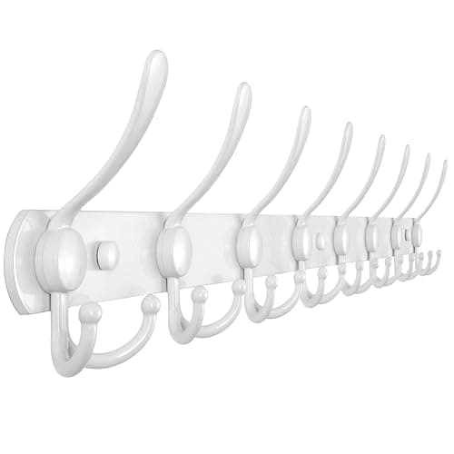 Image of Dseap Coat Rack Wall Mount - 74cm Long 8-Tri-Hooks, Heavy Duty, Stainless Steel, Metal Coat Hanger Rail Wall Hooks for Coats Hats Clothing Clothes Purse Mudroom Entryway, White