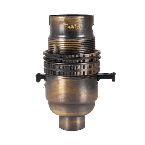 Image of ElekTek Safety Switch Lamp Bulb Holder B22 BC Bayonet Cap & Shade Ring 10mm/M10x1 Threaded Entry Brushed Antique Brass Made in UK - Child Safe Switch Push Bar locks OFF & cuts power if no bulb fitted