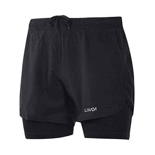 Image of Lixada Mens 2-in-1 Running Shorts Quick Drying Breathable Active Training Exercise Jogging Cycling Shorts with Longer Liner (Black, XL)