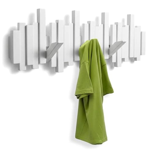 Image of wyevee Wall-Mounted Coat Rack, Multi Coat Rack Rail Hook with 8 Retractable Pegs, Decorative Coat Hanger for Wall, Modern Space-Saving Hook for Hanging Coats Scarves Purses, White