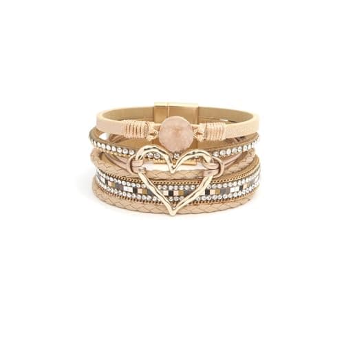 Image of GAUEIOUR Boho Gold Heart Leather Braided Wrap Bracelets Cream Yellow Multilaye Clasp Cuff Bangle for Women Birthday Presents Jewellery