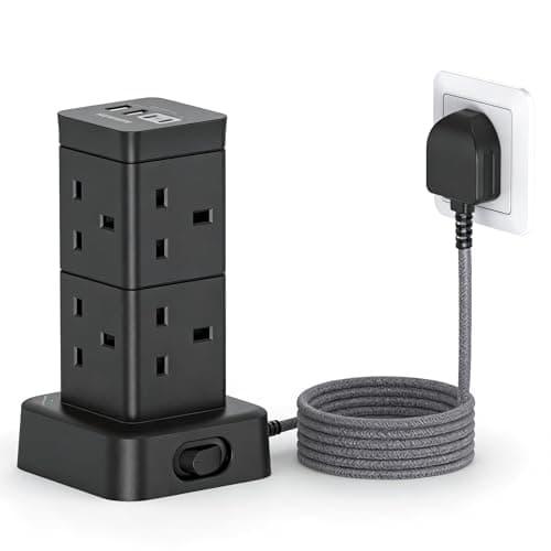 Image of 5M Extra Long Tower Extension Lead with USB C, 8 Way Outlets Power Strip, Long Reach Surge Protected Extension Lead Black, Heavy Duty Multi Plug Socket for Large Room, Garage, Workshop