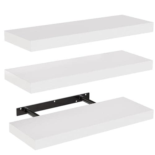 Image of STOREMIC Floating Shelves, Shelves for Wall, 3 White Shelves Screw Mounted, Modern Decorative Display Wall Shelves with Easy Installation for Bathroom, Bedroom, Office, Living Room, etc