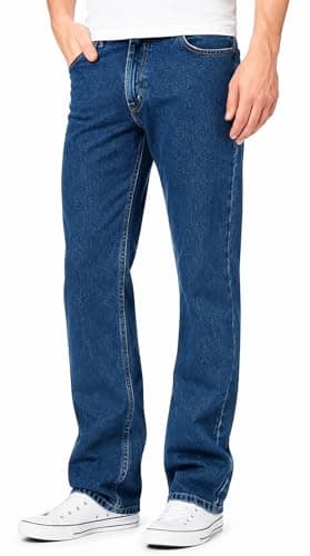 Image of Men’s Straight Fit Denim Jeans – Classic Mid Rise Stretch Cotton Pants, Durable Hard Wearing Casual Trousers, Comfortable Stylish Relaxed Fit Jeans for Everyday Wear, Dark Blue-42W / 27L