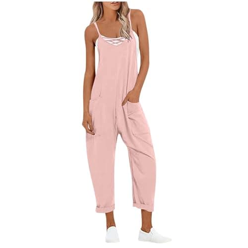 Image of OVARA Ladies Dungarees Summer Jumpsuit for Women UK Casual Loose Fit Plain Sleeveless Overalls Lightweight Spaghetti Straps V-Neck Romper Playsuit