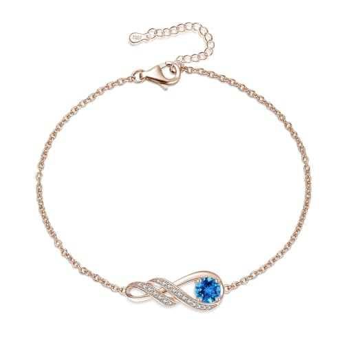 Image of LOCIBLO November Birthstone Bracelets for Women 925 Sterling Silver Created London Blue Topaz Bracelet Rose Gold Plated Infinity Pendant Jewellery, 6.7"+1.2"