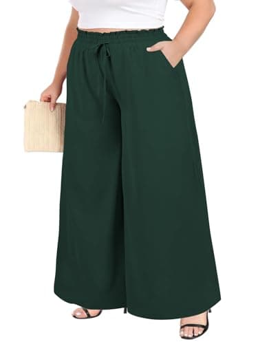 Image of Moon Wood 2026 Womens Wide Leg Trousers Ladies Printed Flowy Palazzo Pants Summer Elasticated Smocked Waist Casual Trousers with Pockets Plus Size Dark Green XXL