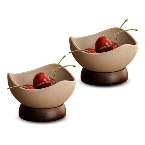 Image of Oriental riverkit Porcelain Dessert Bowls Set of 2, 100 ml Dipping Bowls, Serving Bowl with Wood Stand, Small Snack Bowl for Ice Cream, Salads, Dessert or Dip, Dishwasher Safe (Brown)
