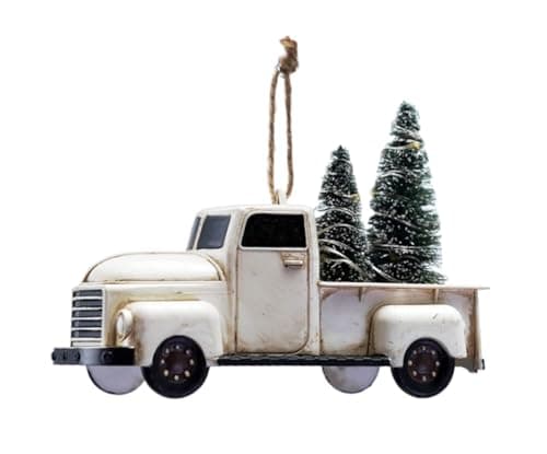 Image of The Bride Collection Vintage Style Pickup Truck Ornament with Sisal Trees - Rustic 4WD White Truck with Christmas Trees Ornament - Old School Big Block Half Ton Pick Up with 2 Snowy Evergreen Conifers