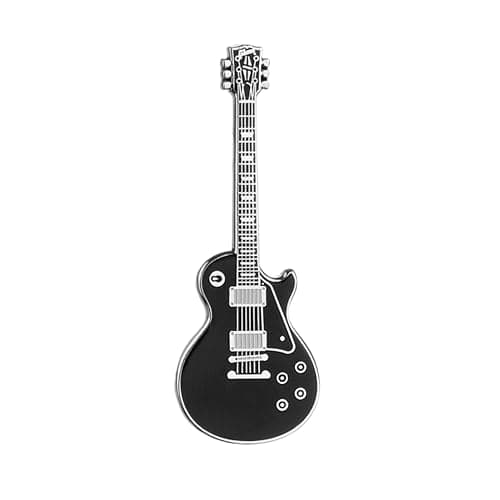 Image of Guitar Enamel Pin Badge by Geepins | Miniature Black LP Brooch | 52 mm Length | Wear on Backpack, Shirt, Jacket, Lapel, Hat, or Tie | Presented in a Guitar Case Gift Box