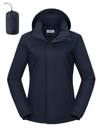 Image of Outdoor Ventures Women's Raincoat Waterproof Rain Jacket Foldaway Hood Cycling Jacket Lightweight Packable Functional Windbreaker For Walking Hiking Navy Blue M