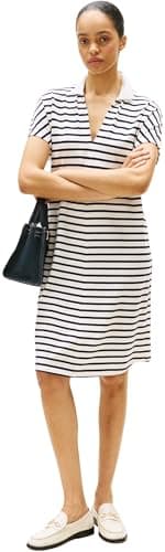 Image of Tommy Hilfiger Women's Short Sleeve Lyocell Tipping Polo Dress, Multicolor (Breton/ECU/Dark Night Navy), M