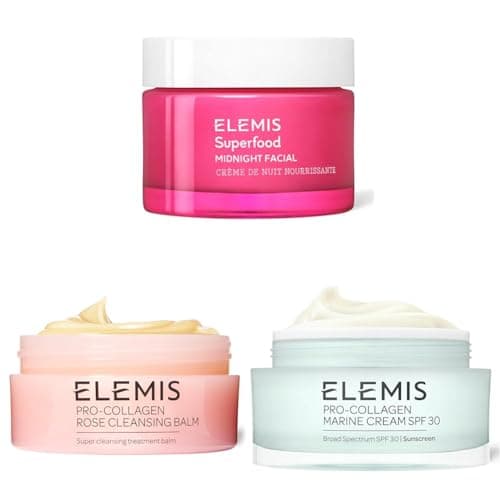Image of ELEMIS Skincare Trio – Superfood Midnight Facial, Pro-Collagen Rose Cleansing Balm & Marine Cream SPF 30 – Hydration, Radiance & Anti-Aging Essentials