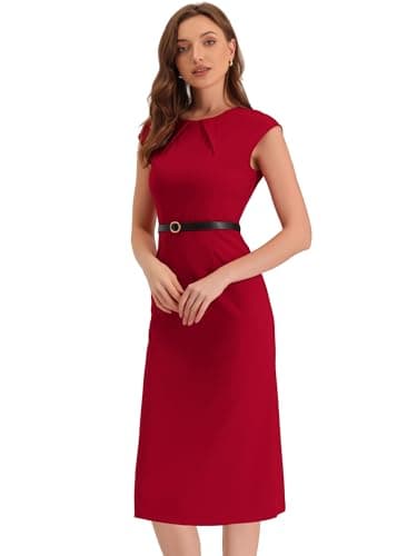 Image of Allegra K Elegant Office Dress for Women's Round Neck Cap Sleeve Belted Work Sheath Dresses Red M