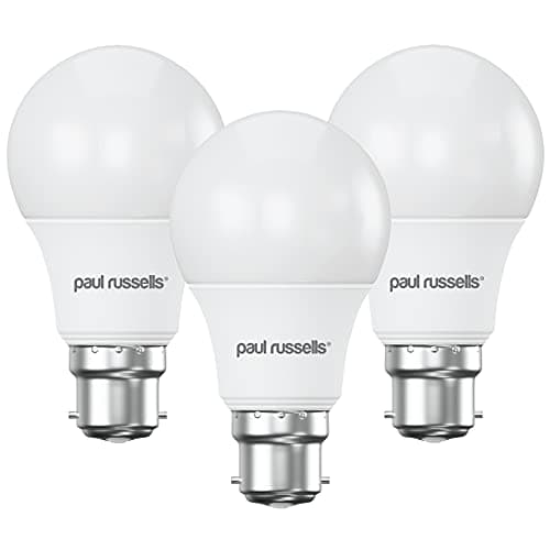 Image of paul russells LED GLS Light Bayonet Cap BC, 60w Equivalent, 8watt 806LM LED Bulbs, 2700K Warm White Lamp, Classic Frosted A60 Standard B22 Energy Saving Non-Dimmable Large Globe Lightbulbs, 3 Pack