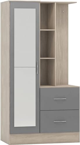Image of Seconique Nevada Mirrored Open Shelf Wardrobe in Grey Gloss/Light Oak Effect Veneer