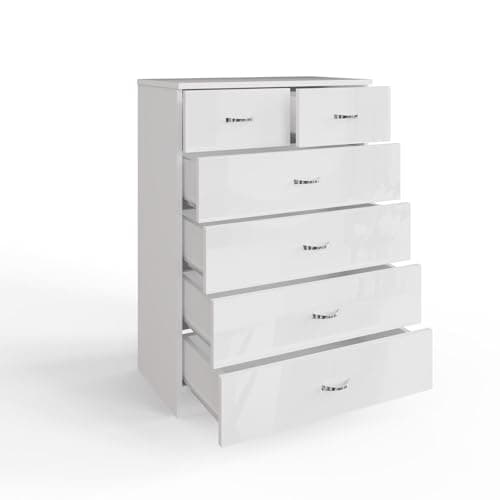 Image of FWStyle White High Gloss Tall 6 Drawer Chest Bedroom Furniture Matt White Frame. H100 x W70 x D40cm.