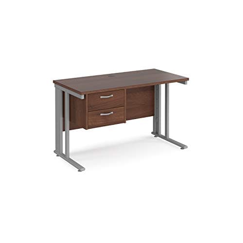 Image of Mr Office Maestro 25 straight desk 600mm deep with 2 drawer pedestal - silver cable managed leg, 1200, Walnut