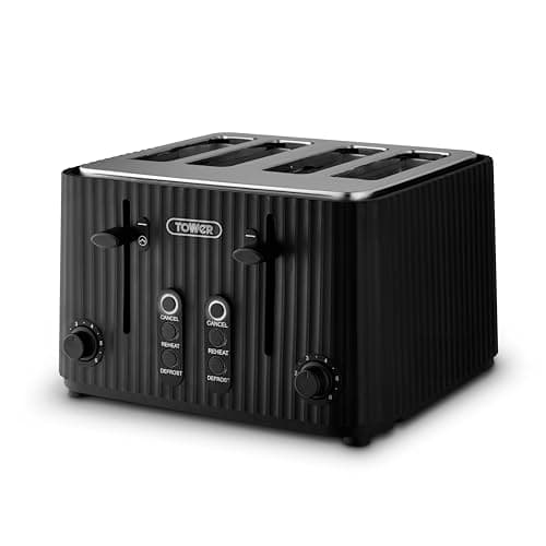 Image of Tower ECOFORM 900W 4 Slice Toaster, Made from Recycled Plastic, 6 Browning Levels, Independent Dial Controls, Defrost/Reheat/Cancel Functions, Self-Centring Function, Black, T20103BLK
