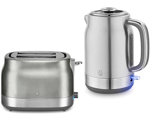 Image of Swan Retro Revive Stainless Steel 1.7L 3KW Jug Kettle & 2 Slice Toaster. Matching Retro Design Kettle & Toaster Set in Silver with Chrome Accents
