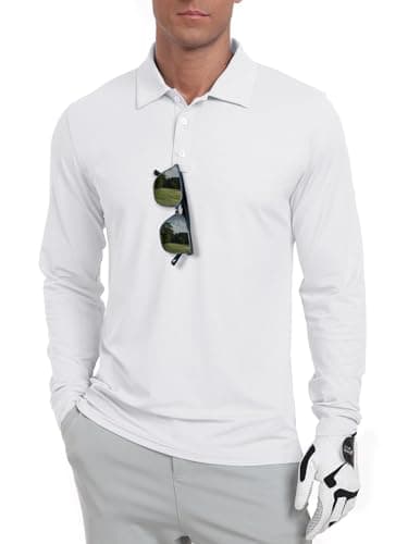 Image of QIXING Men's Golf Polo Shirts Long Sleeve UPF 50+ Lightweight,Quick Dry Performance Collar Summer Tops for Golf, Fishing, Tennis(White, L)