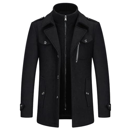 Image of KUDORO Mens Winter Trench Coat Slim Fit Short Wool Coat Jacket Warm Padded Casual Business Overcoat Jacket Thick Peacoat With Removable Collar