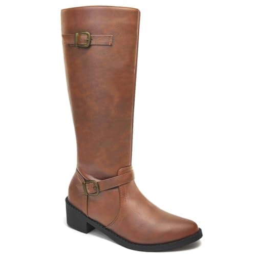 Image of Dernolsea Knee High Boots Women, Flat Low Block Heel Buckle Side Zip Knee Length Boots Tan Size 5