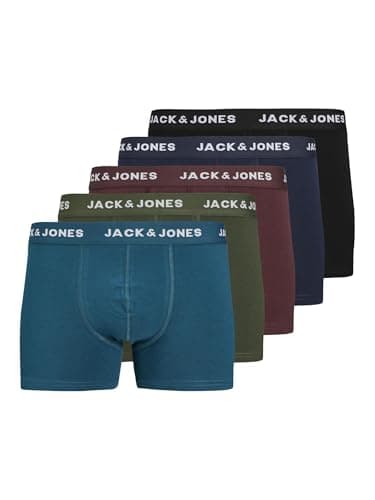 Image of JACK & JONES Mens 5 Pack Trunks Underwear, Soft Cotton Stretch Boxer Shorts, UK Size -L