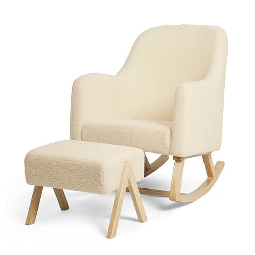 Image of Ickle Bubba Roxby Nursing Chair, Cosy Borg Fleece Nursery Rocking Chair with Matching Footstool & High Back Support, Gentle Rocking Motion for Feeding & Nursery Relaxation (Cloud)
