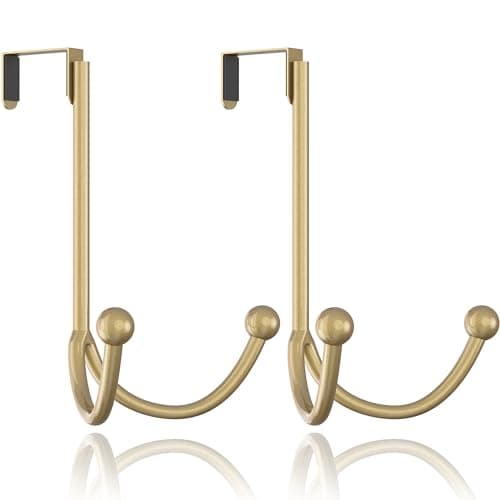 Image of HFHOME 2Packs Over The Door Double Hanger Hooks, Metal Twin Hooks Organizer for Hanging Coats, Hats, Robes, Towels- Gold