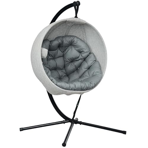 Image of Outsunny Hanging Egg Chair Outdoor Indoor Garden Swing Chair with Folding Basket, Thickened Cushion, Cup Holder for Patio, Balcony, Grey