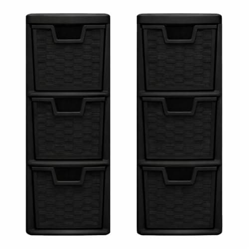 Image of Set of 2 Small Plastic Rattan Effect 3 Drawer Storage Units – Desktop & Tabletop Organiser for Home Office, Bathroom & Bedroom – Compact Mini Storage Tower (Black)