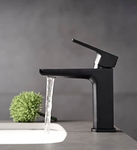 Image of KINGBATH™ Single Lever Mono Basin Mixer Tap with Click Clack Sprung Waste Bathroom Sink Hot and Cold Faucet Solid Brass Modern Matt Black Easy to Fit/Install