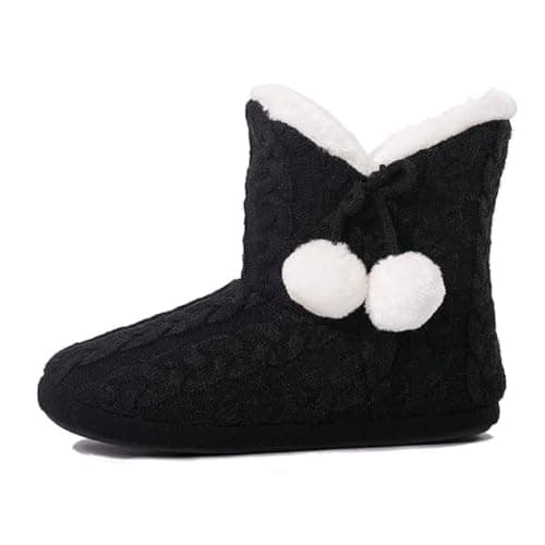 Image of DUNLOP Ladies Famous Slipper Boots, Soft Furry Upper Warm Lining Pom Poms (Black Knit, 7/8, UK Footwear Size System, Adult, Women, Numeric Range, Medium, 7, 8)